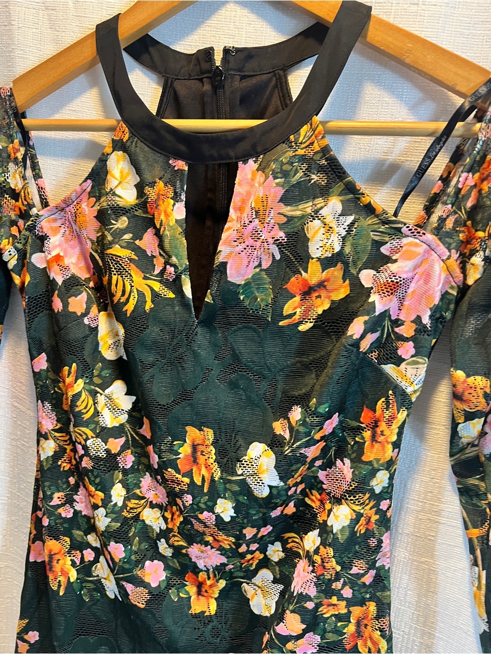 Guess Floral Cold-Shoulder Lace Dress in Dark Green with Pink & Yellow Blooms 4
